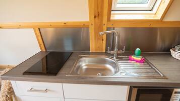 Fridge, microwave, stovetop, electric kettle