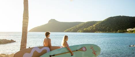 A beach scene with two people holding surfboards, palm trees, and a mountainous backdrop.