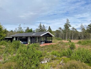 Une cabane dotée d’un porche abrité, entourée d’une forêt dense.