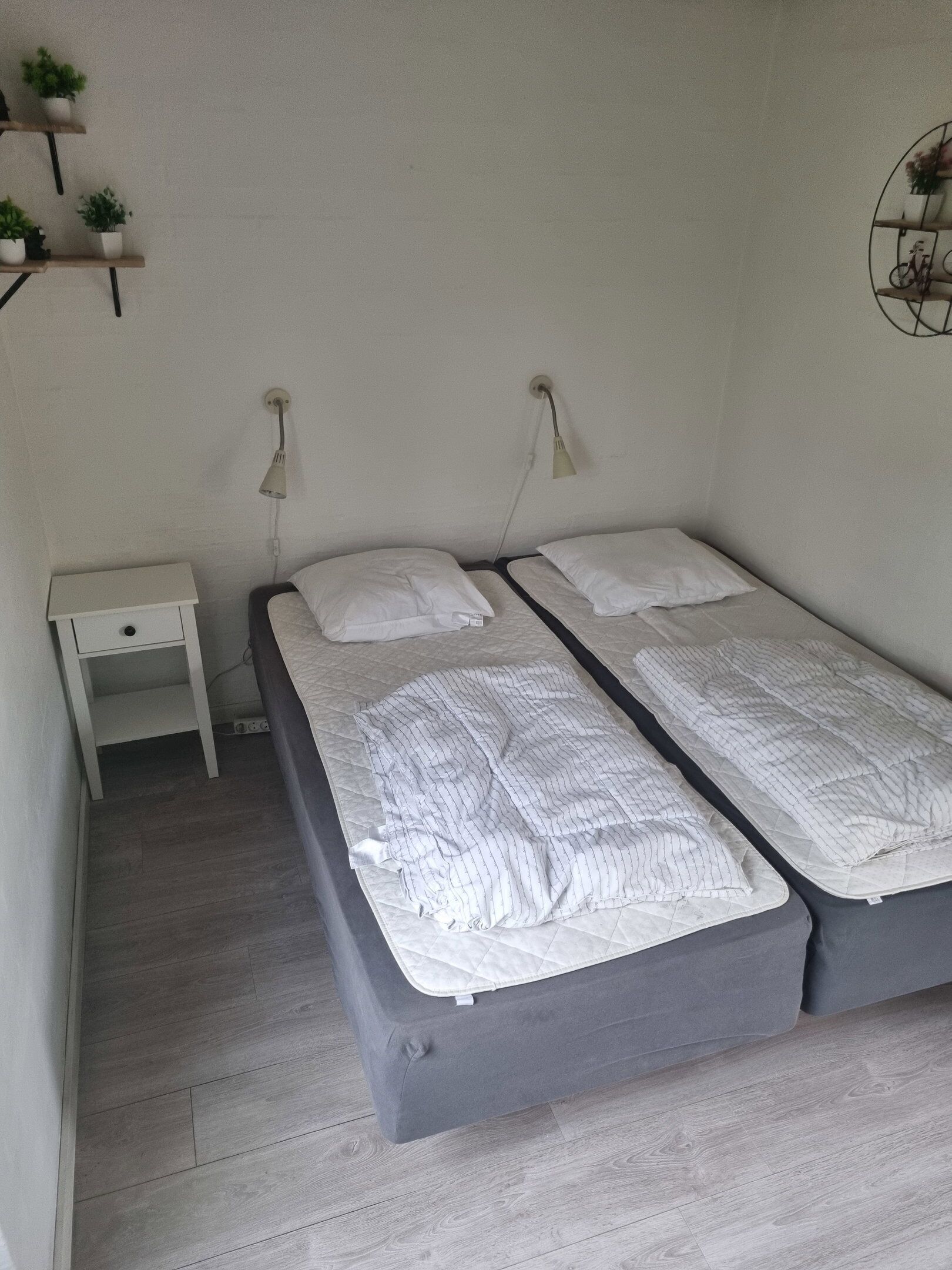 Um quarto pequeno e bem organizado, com duas camas de solteiro, uma mesa de cabeceira, uma prateleira na parede com plantas e um relógio de parede.