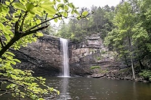 A waterfall in a forested area with a rocky cliff and a calm body of water.