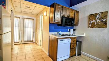 Fridge, microwave, dishwasher, coffee/tea maker