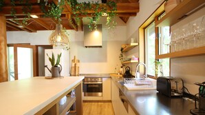 Een moderne keuken met houten balken, een roestvrijstalen oven en een hangende plantenlamp.