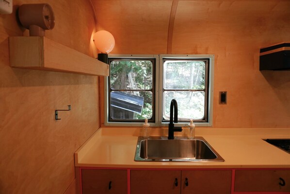 Una cocina compacta con un lavamanos, dos ventanas y armarios de madera.