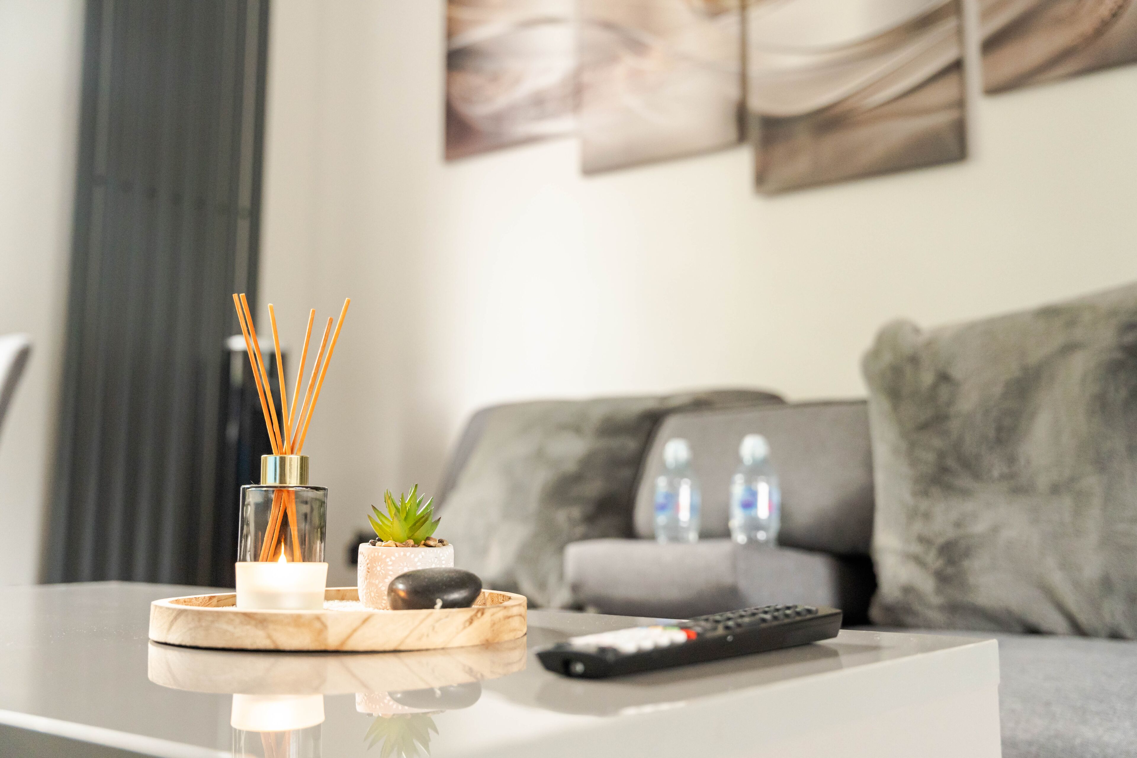A modern living room with a glass coffee table, a remote control, a candle, reed diffuser, and a small potted plant.