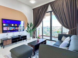 Comfort Apartment, 3 Bedrooms, Refrigerator & Microwave, Sea View | Living area - Country Garden Danga Bay Sea View Homestay by Stayrene (Johor Bahru)