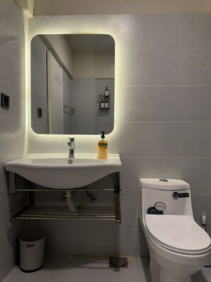 Een douche, een haardroger, een bidet, handdoeken