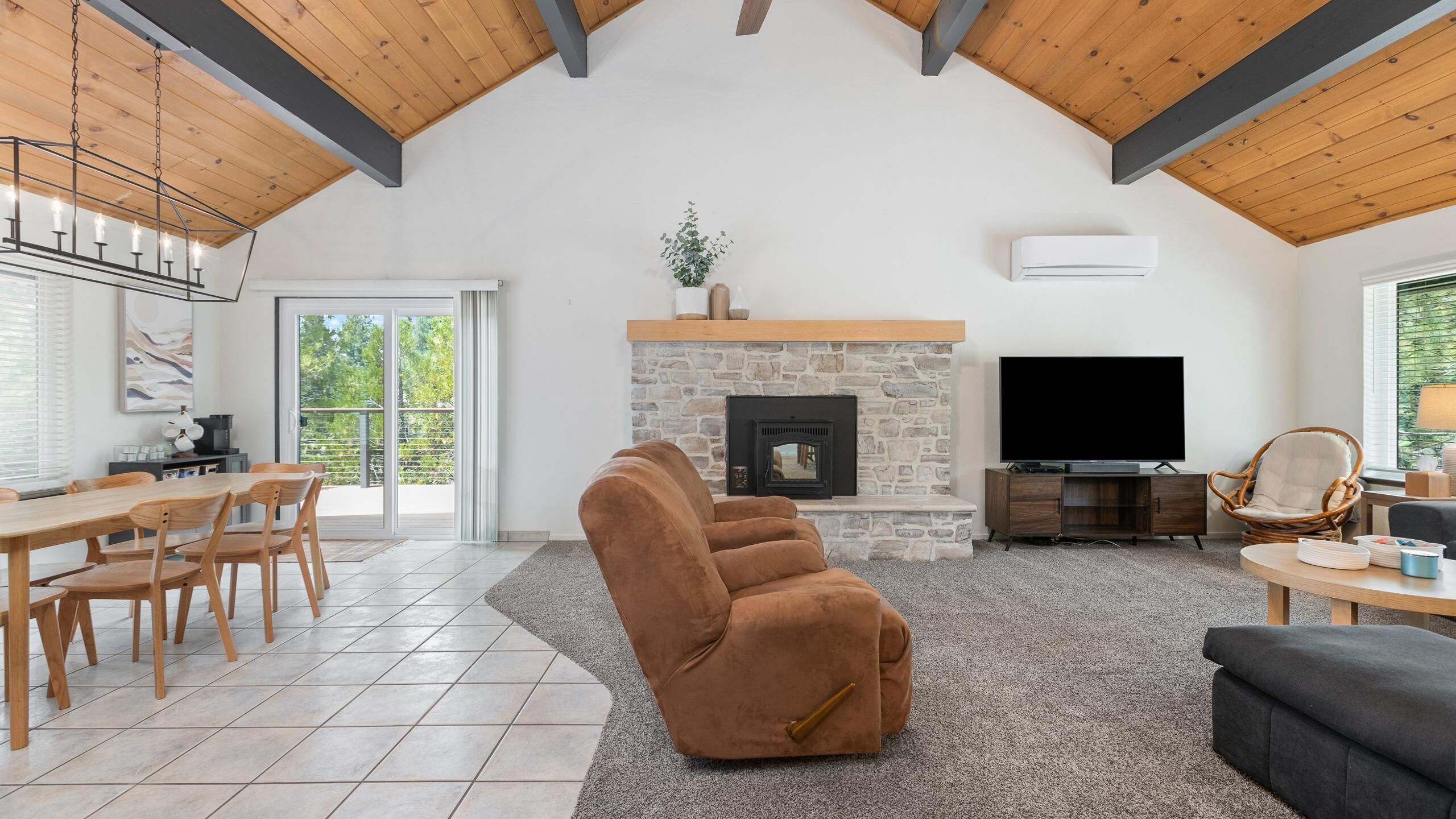 TV, fireplace, books