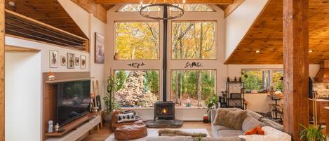 Smart TV, chimenea y estéreo