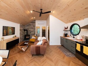 Smart TV, chimenea, estéreo