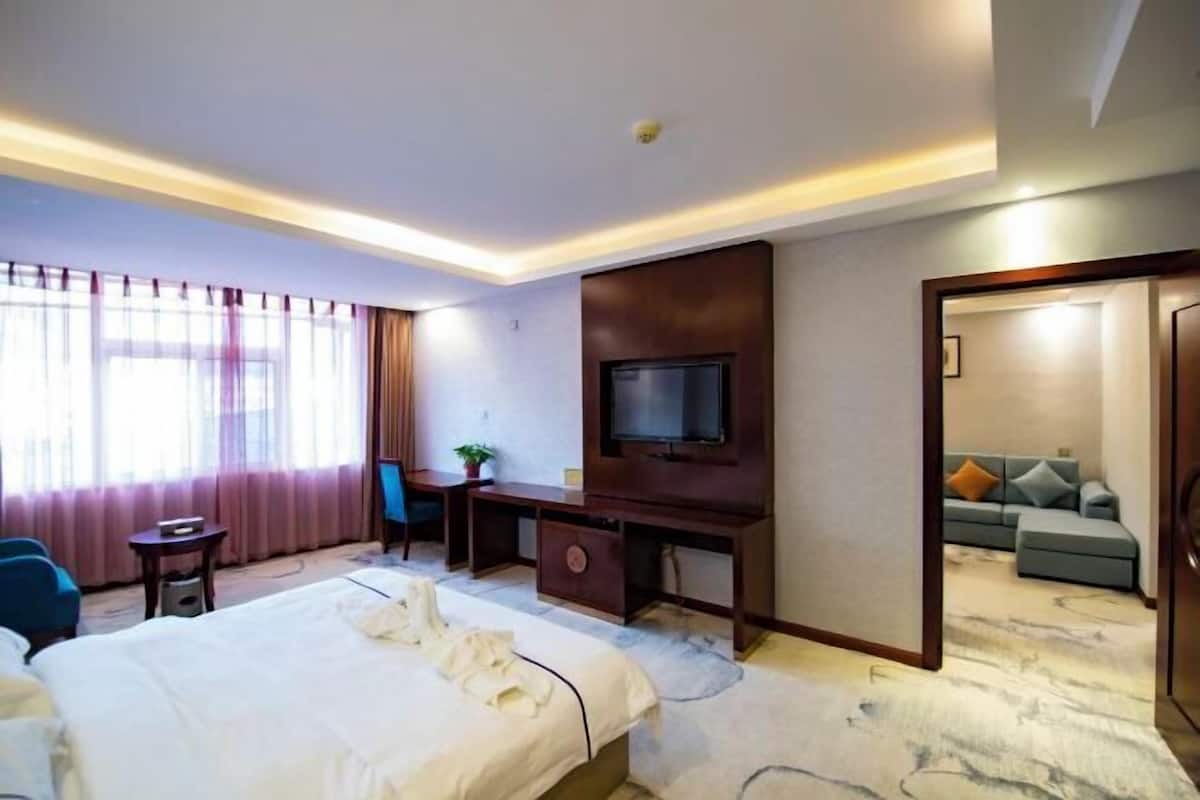 A hotel room with a bed, a desk, a television, and a sofa.