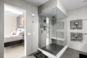 Shower, hair dryer, bidet, towels