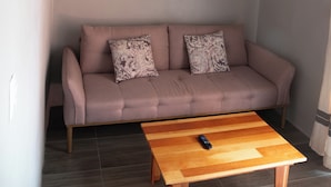 Una sala de estar con un sofá, dos cojines estampados, una obra de arte enmarcada y una mesa de centro de madera.