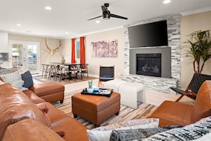 TV, fireplace, foosball, offices