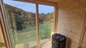 A room with large windows overlooking a forested area and a pond. - Valley chalet with sauna and mountain views (Bestwig)