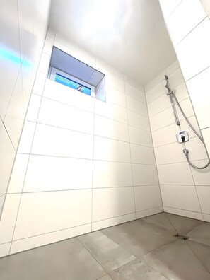 Shower, hair dryer, towels