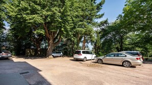 Ein Parkplatz mit mehreren Autos, umgeben von Bäumen.