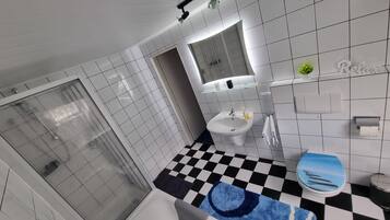 Shower, hair dryer, towels