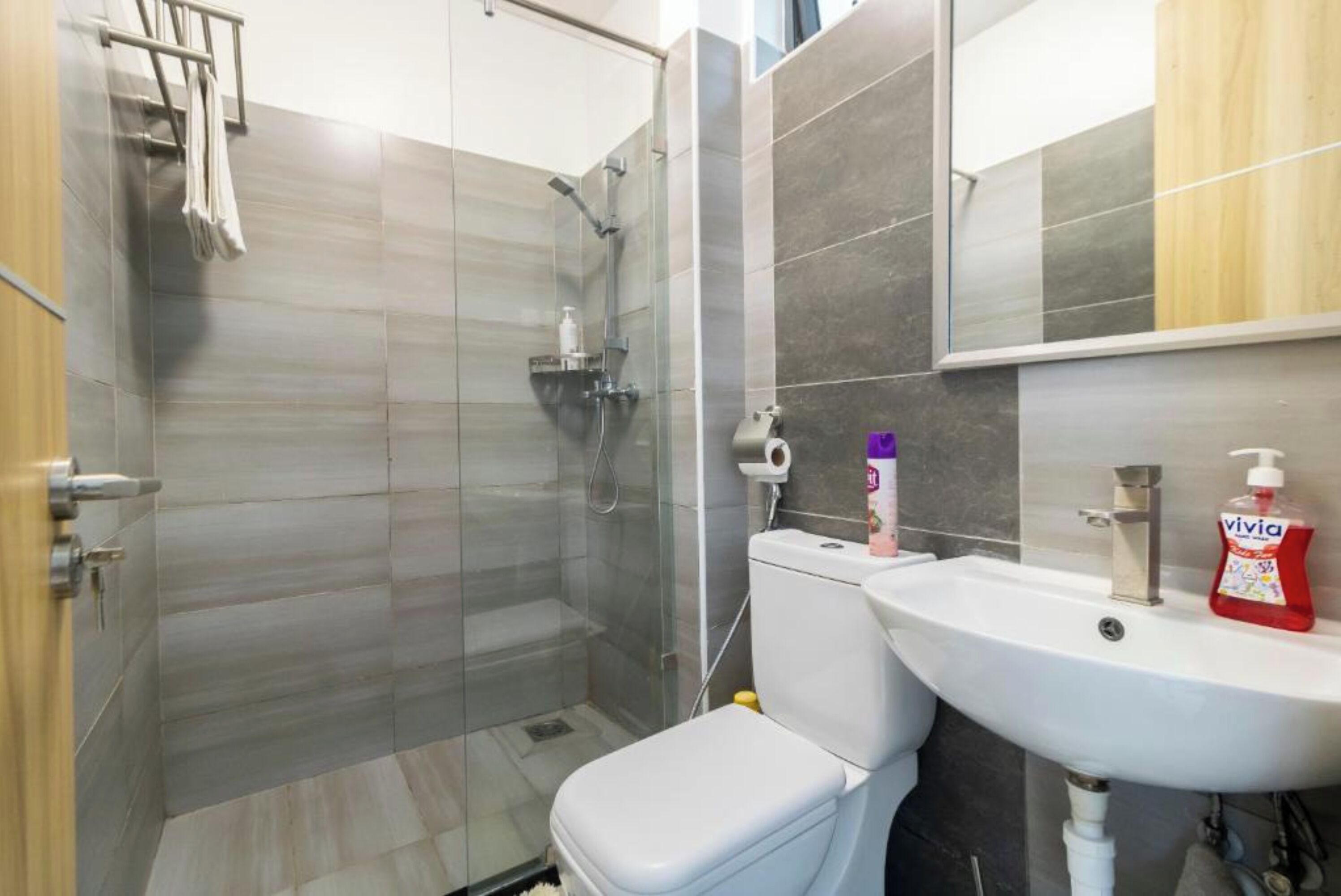 Ein modernes Badezimmer mit Duschkabine aus Glas, einer weißen Toilette und einem Waschbecken mit Pflegeprodukten.