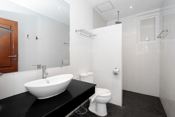 A modern bathroom with a large white sink, a toilet, and a shower area.