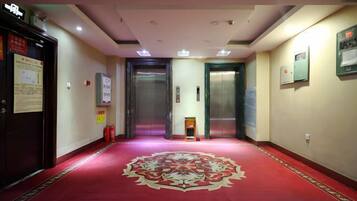 A hotel corridor with a red carpet, two elevators, and emergency equipment.