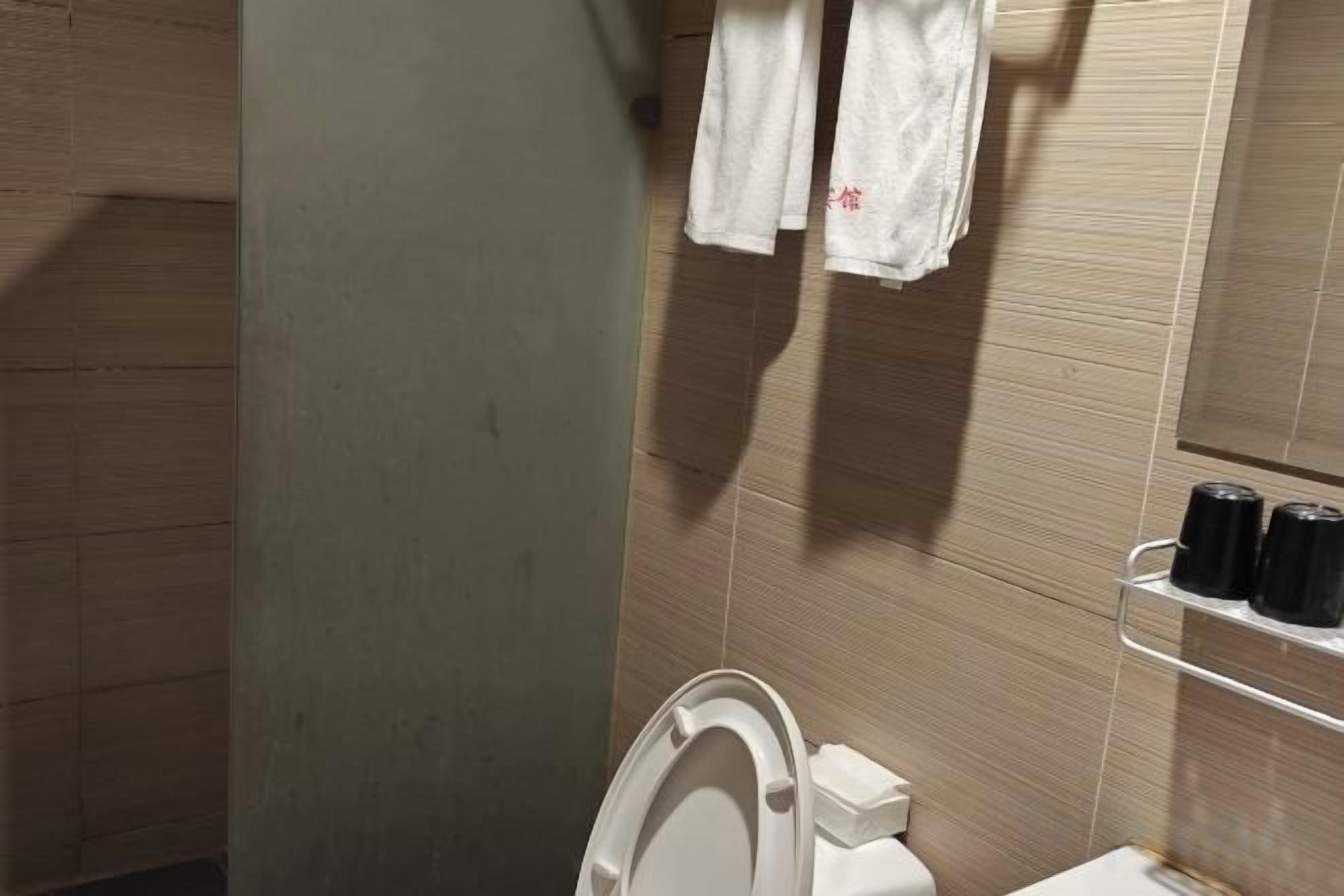 A bathroom with a toilet, a towel rack with towels, and a shelf with toiletries.