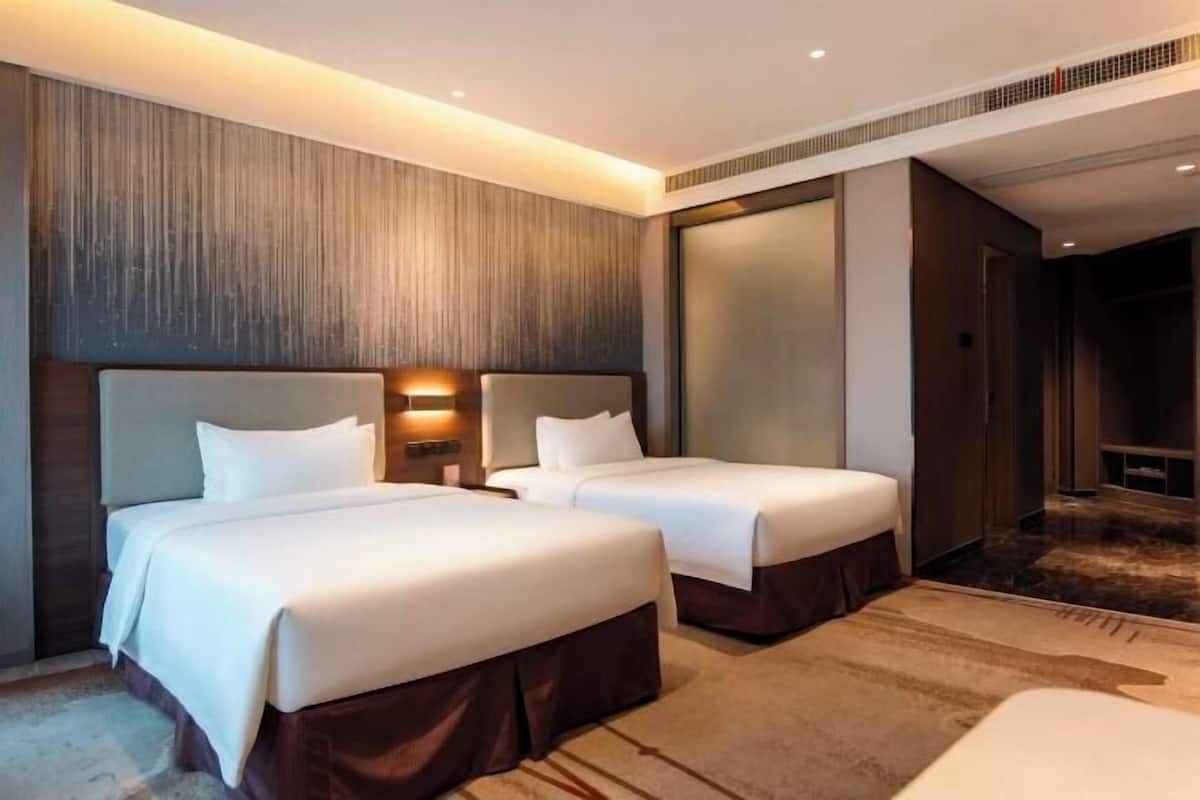 Une chambre d’hôtel avec deux lits, un grand miroir et un sol recouvert de moquette.