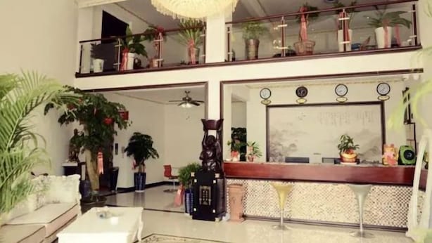 Amplia sala de estar con techo alto, una araña y un balcón con plantas en macetas.
