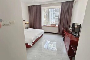 A hotel room with a bed, a TV, a window with curtains, and a view of buildings outside.