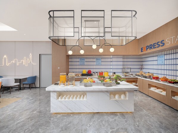A modern breakfast bar with a marble countertop, a variety of food items, and a sign reading "EXPRESS STAND". - Holiday Inn Express Zhengzhou Nongye Road by IHG (Zhengzhou)