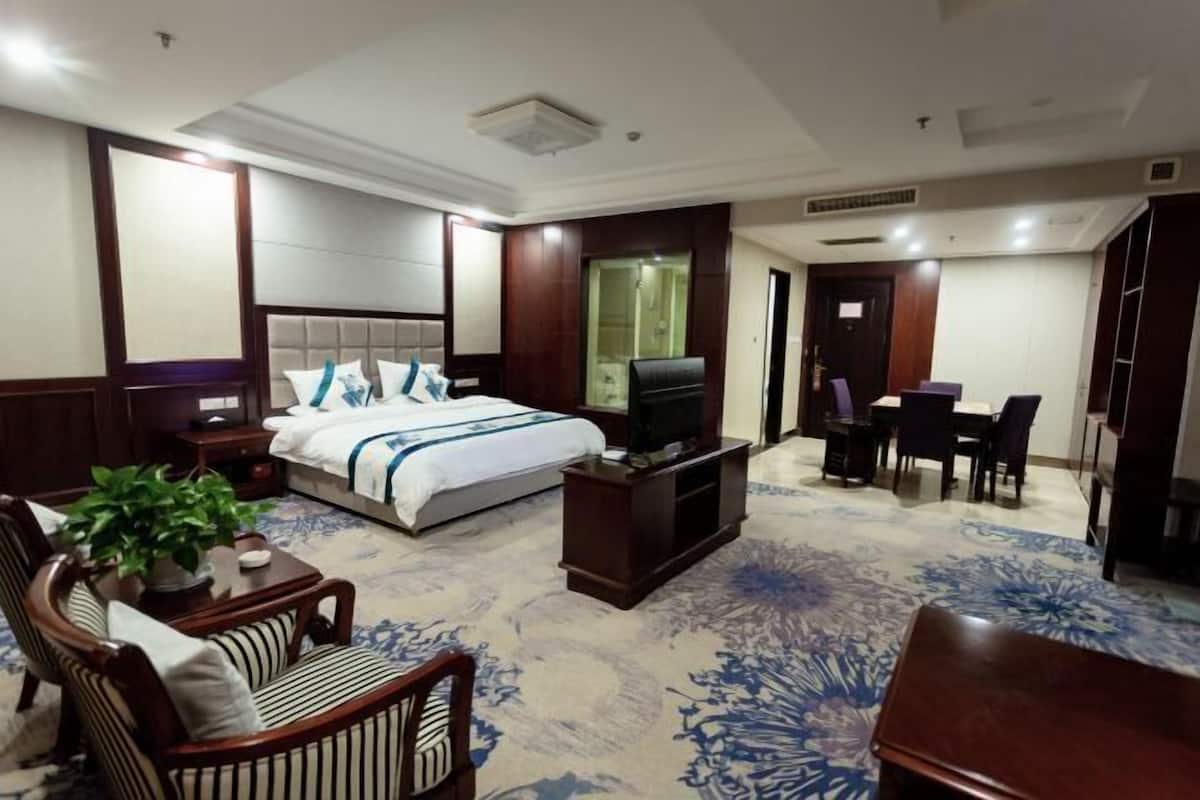 Une chambre d’hôtel comprenant un lit, une télévision, un bureau avec une chaise et un coin repas.