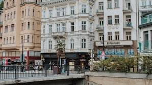 Una hilera de edificios históricos con fachadas ornamentadas y un puente al frente.
