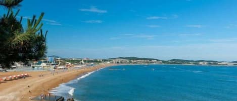 A beach with a clear blue sky, a sandy shore, and a calm sea.