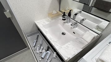 Shower, jetted tub, hair dryer, bidet