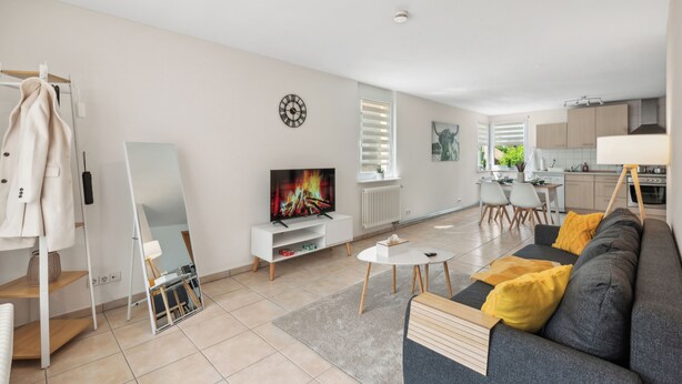 A modern living room with a gray sofa, a TV, and a dining area with chairs. - Comfortable apartment near Basel with parking space (Weil am Rhein)