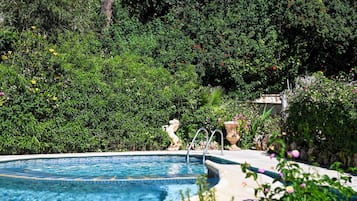 En swimmingpool omgivet af frodig vegetation og en statue.