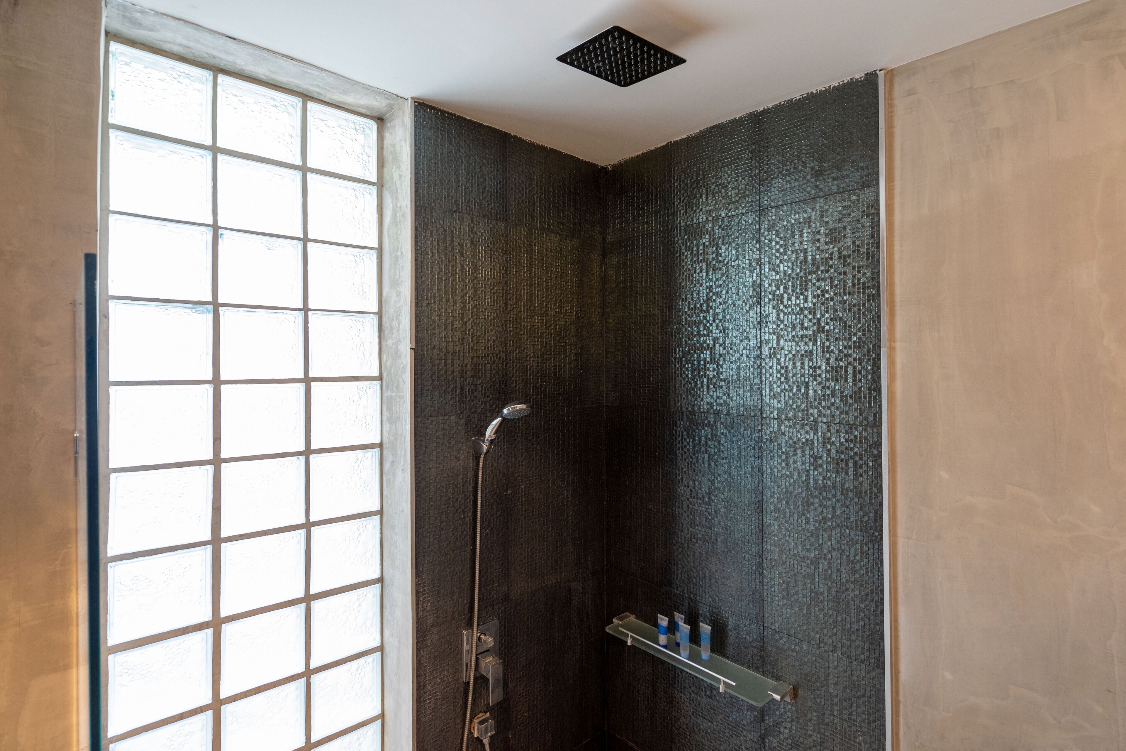 Une salle de bain dotée d’une porte en verre, d’une douche avec un pommeau de douche amovible et d’une étagère contenant des articles de toilette.