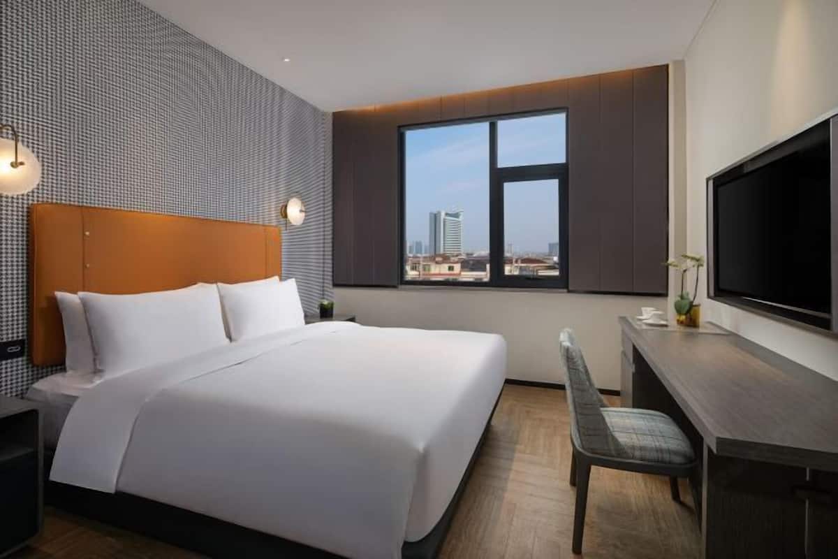 A hotel room with a large bed, a desk, a chair, a TV, and a window with a city view.