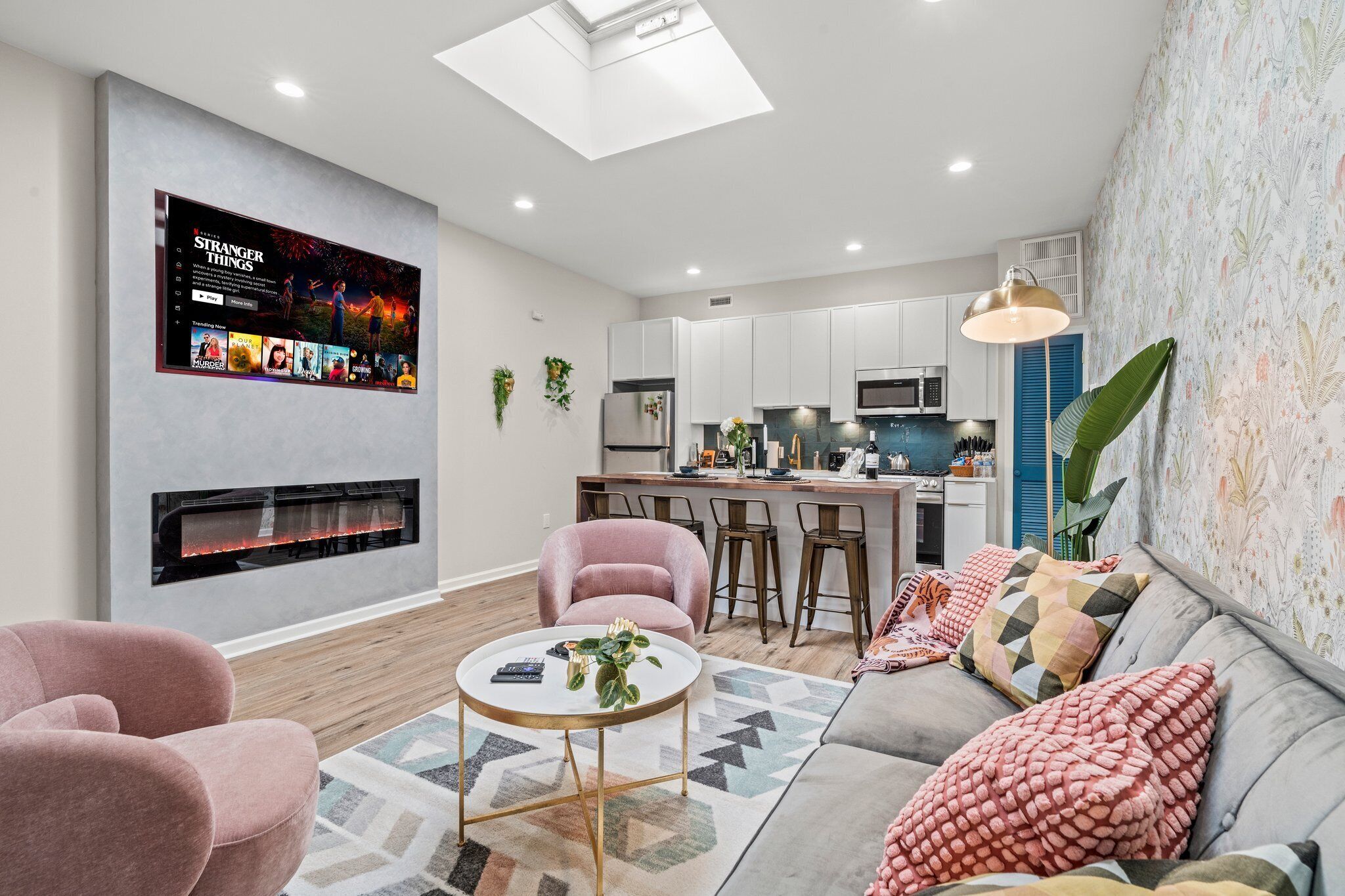 TV, fireplace, video games, books