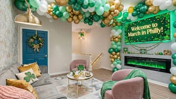 TV, fireplace, video games, books