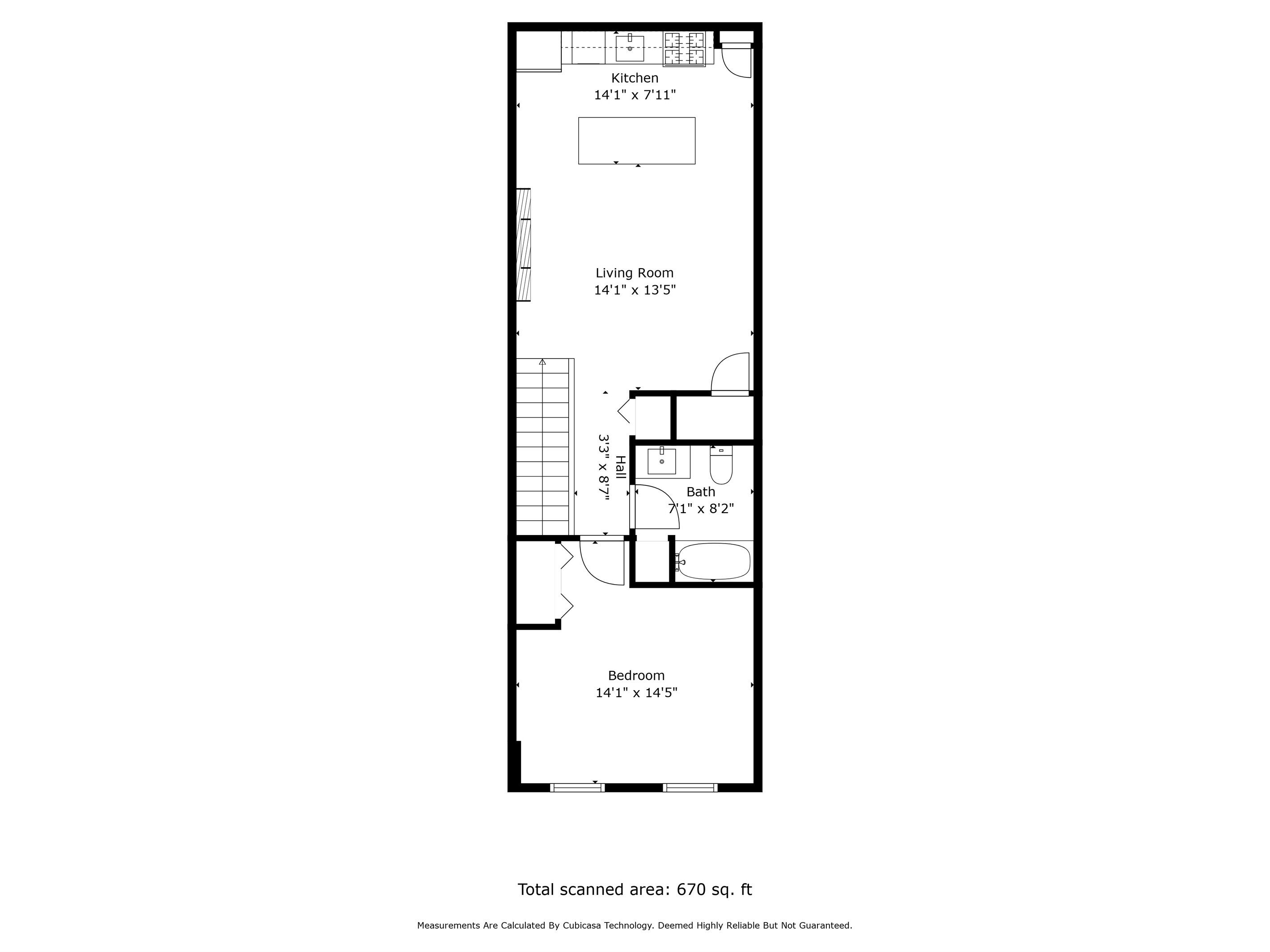 A floor plan of a house with a kitchen measuring 14'1" x 7'11", a living room measuring 14'1" x 13'5", a hall measuring 33' x 8'7", a bathroom measuring 7'1" x 8'2", and a bedroom measuring 14'1" x 14'5". Total scanned area: 670 sq. ft.