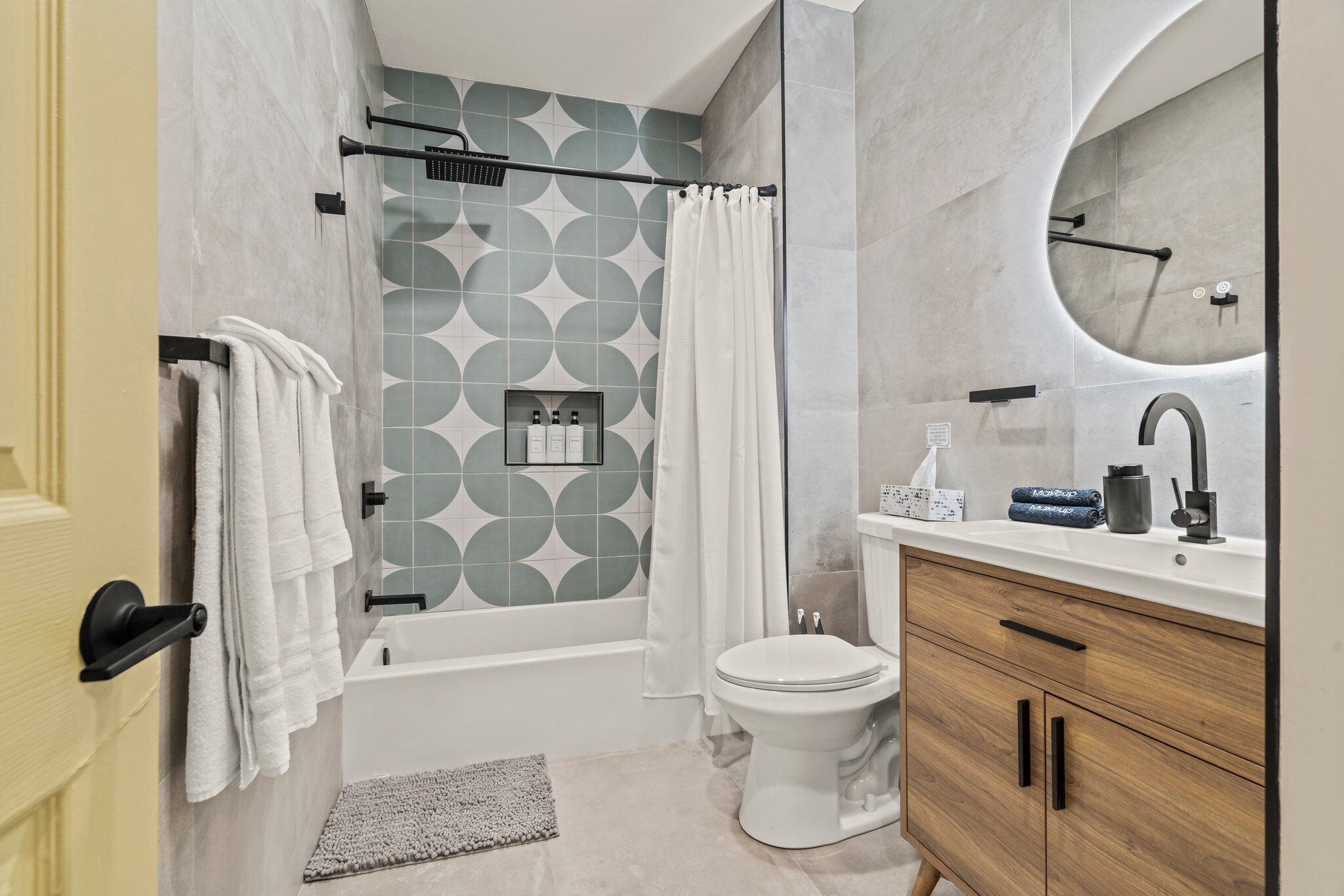 Hair dryer, towels, shampoo