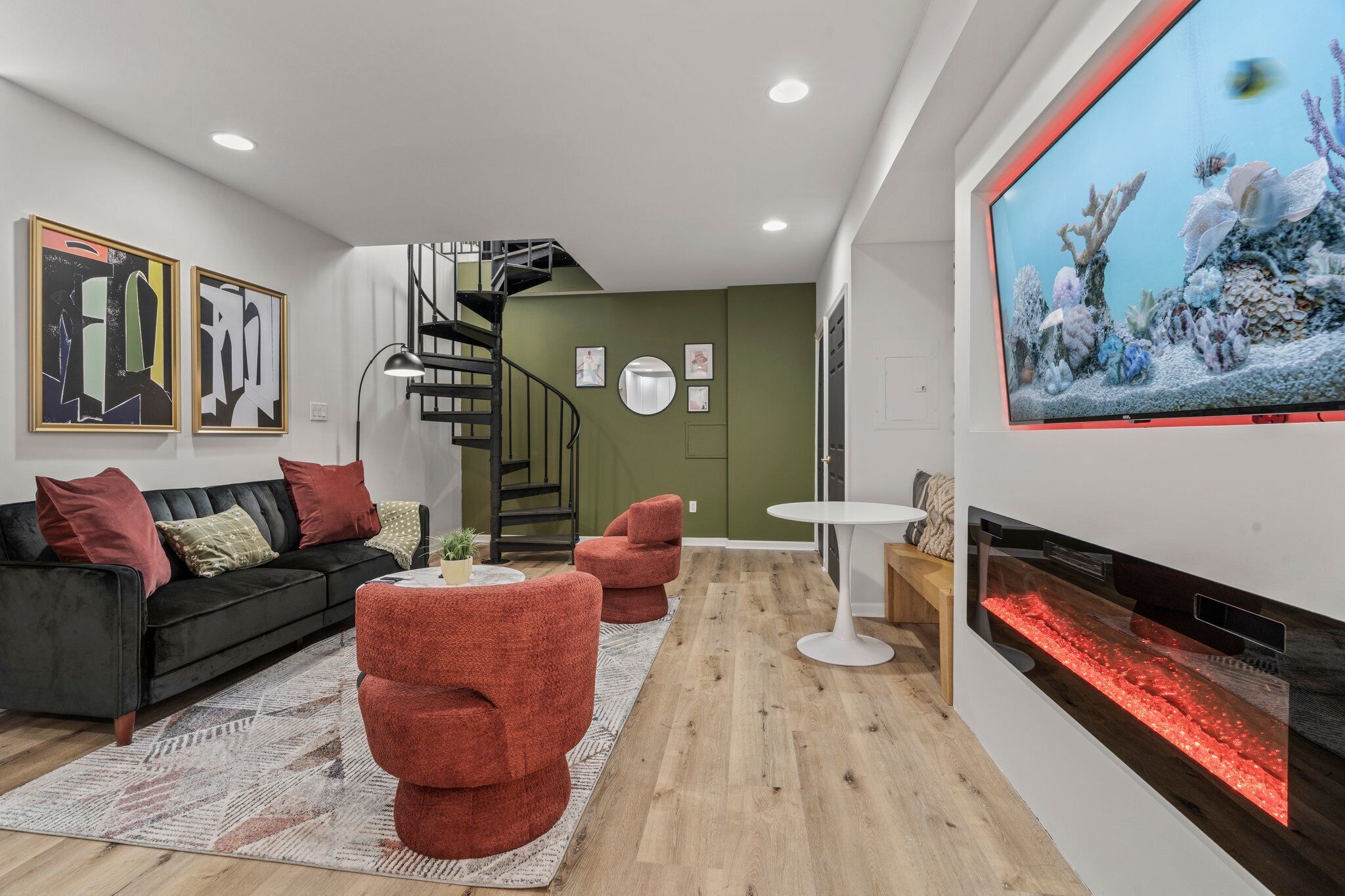 TV, fireplace, video games, books