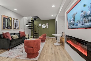 TV, fireplace, video games, books