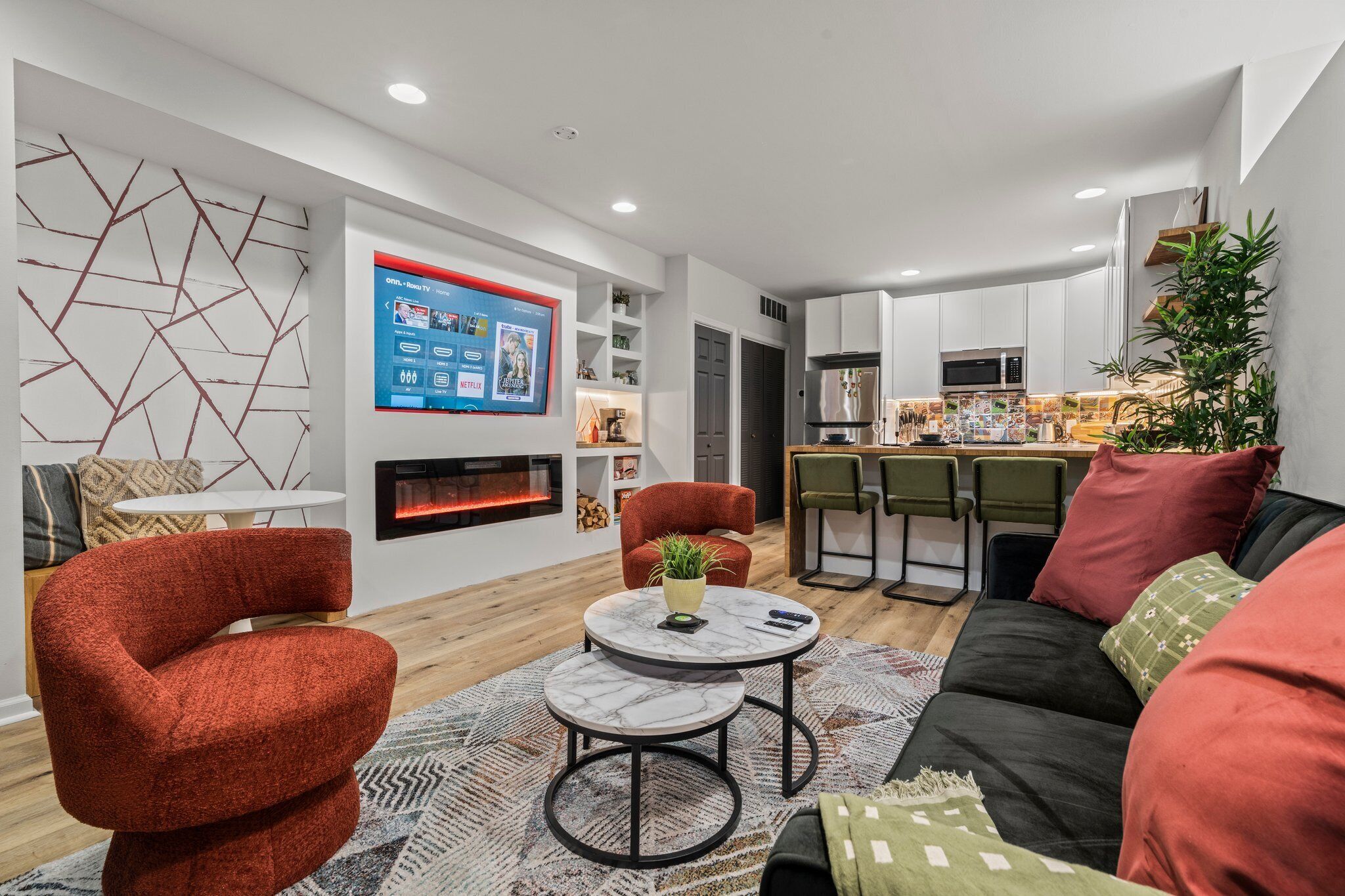 TV, fireplace, video games, books