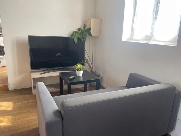 A living room with a grey sofa, a flat-screen TV on a stand, a small table with a plant, and a lamp.