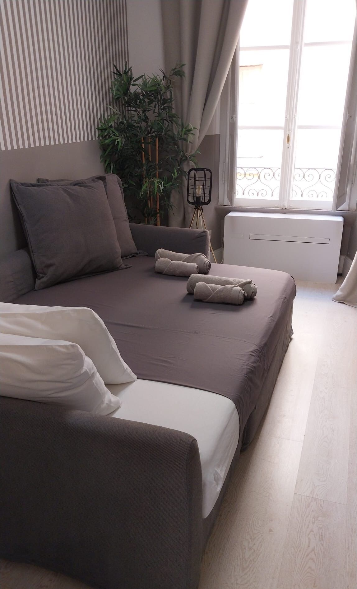 A modern bedroom with a bed, a sofa, a potted plant, and a radiator.