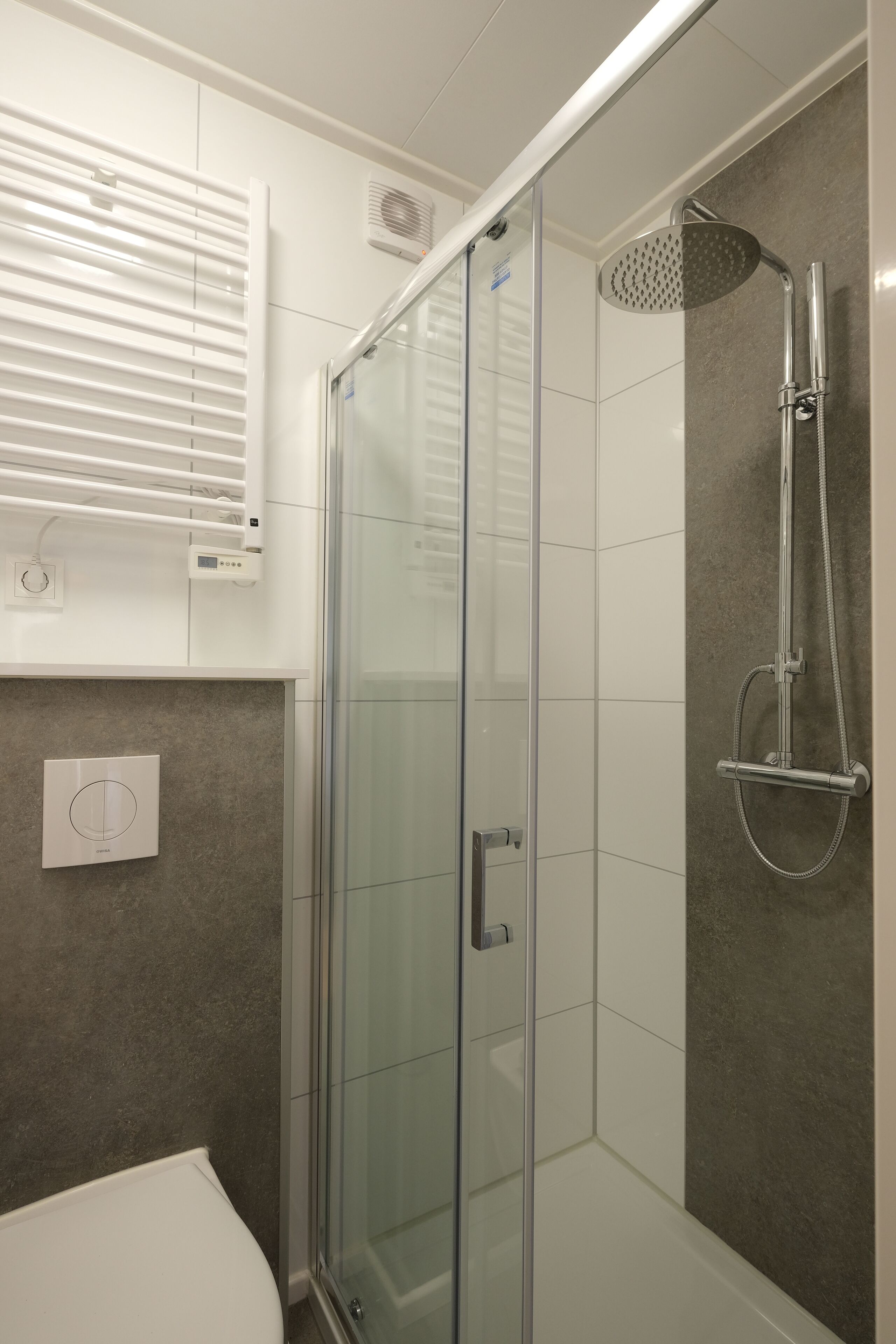 A modern bathroom with a glass shower enclosure, a handheld showerhead, and a toilet.
