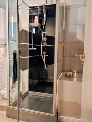 Shower, eco-friendly toiletries, hair dryer, towels