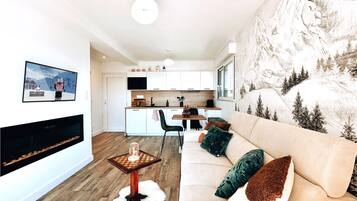 TV connectée, cheminée, livres